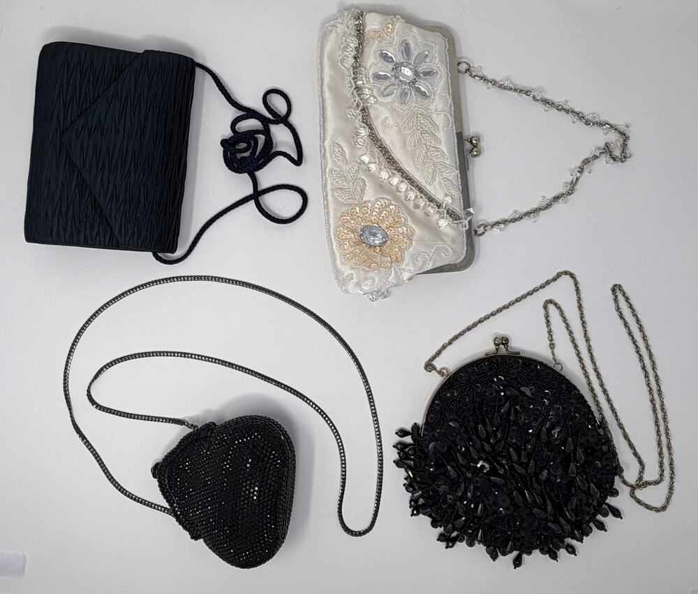 Lot of 4 Beaded Satin Evening Bags Clutch Sequin Bling Navy Black White Crystals